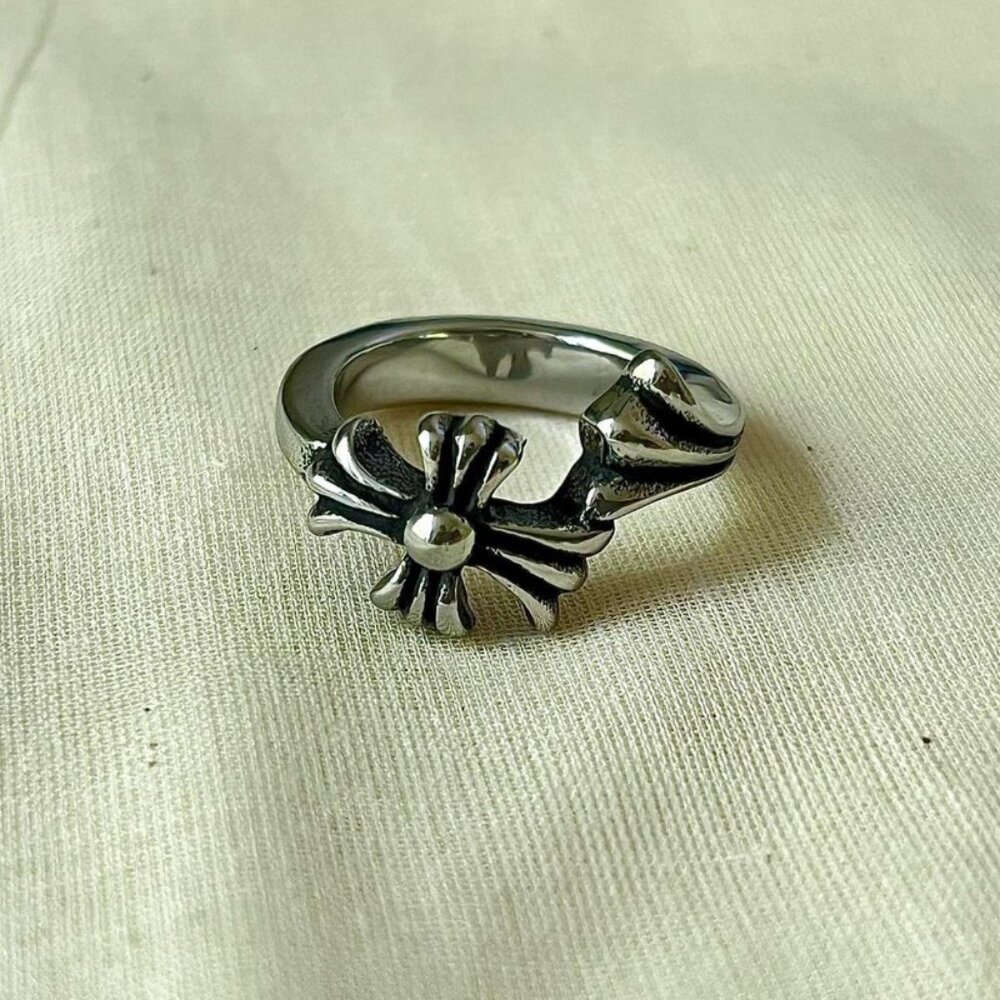 vintage silver chrome cross-biker ring